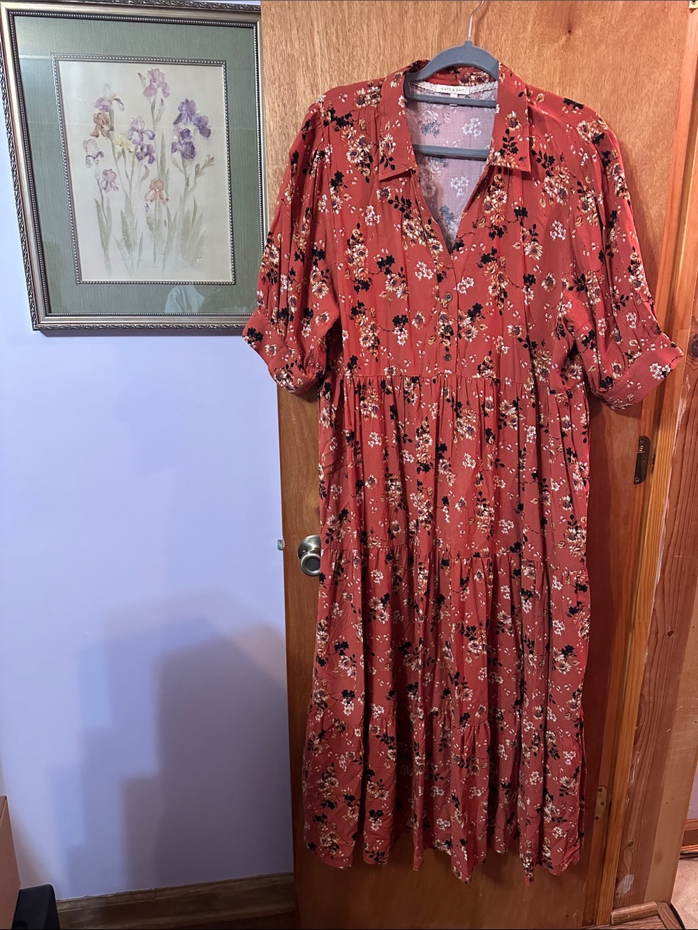 Kate & Sam Rust Floral Tiered Maxi Shirt Dress size M